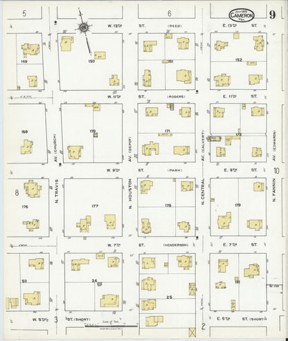 Sanborn Fire Insurance Map from Cameron, Milam County, Texas (1920), Sheet #0009 - Historic Sanborn Fire Insurance Map Print, vintage old map wall art, antique decor, genealogy gift, Texas Texas map