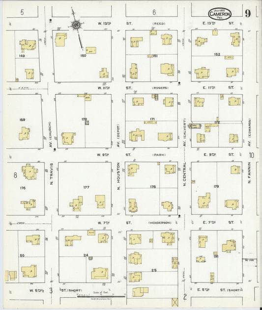 Sanborn Fire Insurance Map from Cameron, Milam County, Texas (1920), Sheet #0009 - Historic Sanborn Fire Insurance Map Print, vintage old map wall art, antique decor, genealogy gift, Texas Texas map