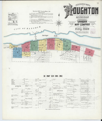 Sanborn Fire Insurance Map from Houghton, Houghton County, Michigan (1908), Sheet #0001 - Complete Map Set gallery image, historic Sanborn map, vintage wall art, Michigan Michigan