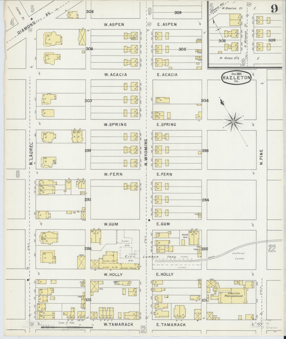 Sanborn Fire Insurance Map from Hazleton, Luzerne County, Pennsylvania (1895), Sheet #0009 - Historic Sanborn Fire Insurance Map Print, vintage old map wall art, antique decor, genealogy gift, Pennsylvania Pennsylvania map