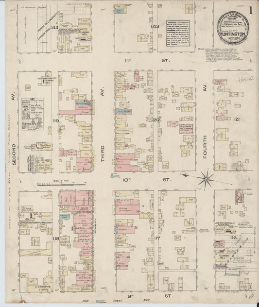 Sanborn Fire Insurance Map from Huntington, Cabell County, West Virginia (1884), Sheet #0001 - Historic Sanborn Fire Insurance Map Print, vintage old map wall art, antique decor, genealogy gift, West Virginia West Virginia map