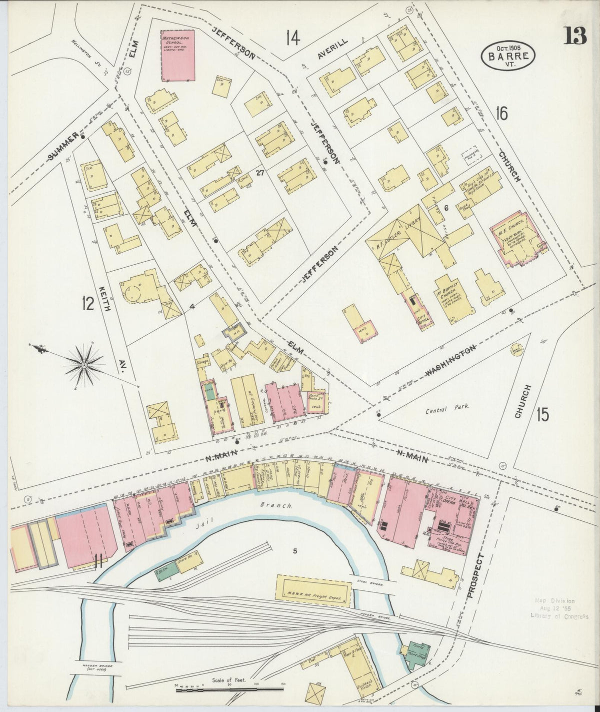 Sanborn Fire Insurance Map from Barre, Washington County, Vermont (1905), Sheet #0013 - Historic Sanborn Fire Insurance Map Print, vintage old map wall art, antique decor, genealogy gift, Vermont Vermont map