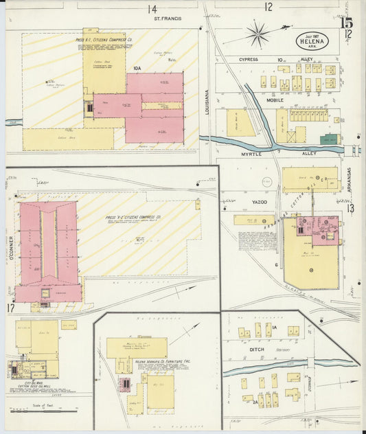 Sanborn Fire Insurance Map from Helena, Phillips County, Arkansas (1907), Sheet #0015 - Historic Sanborn Fire Insurance Map Print, vintage old map wall art, antique decor, genealogy gift, Arkansas Arkansas map