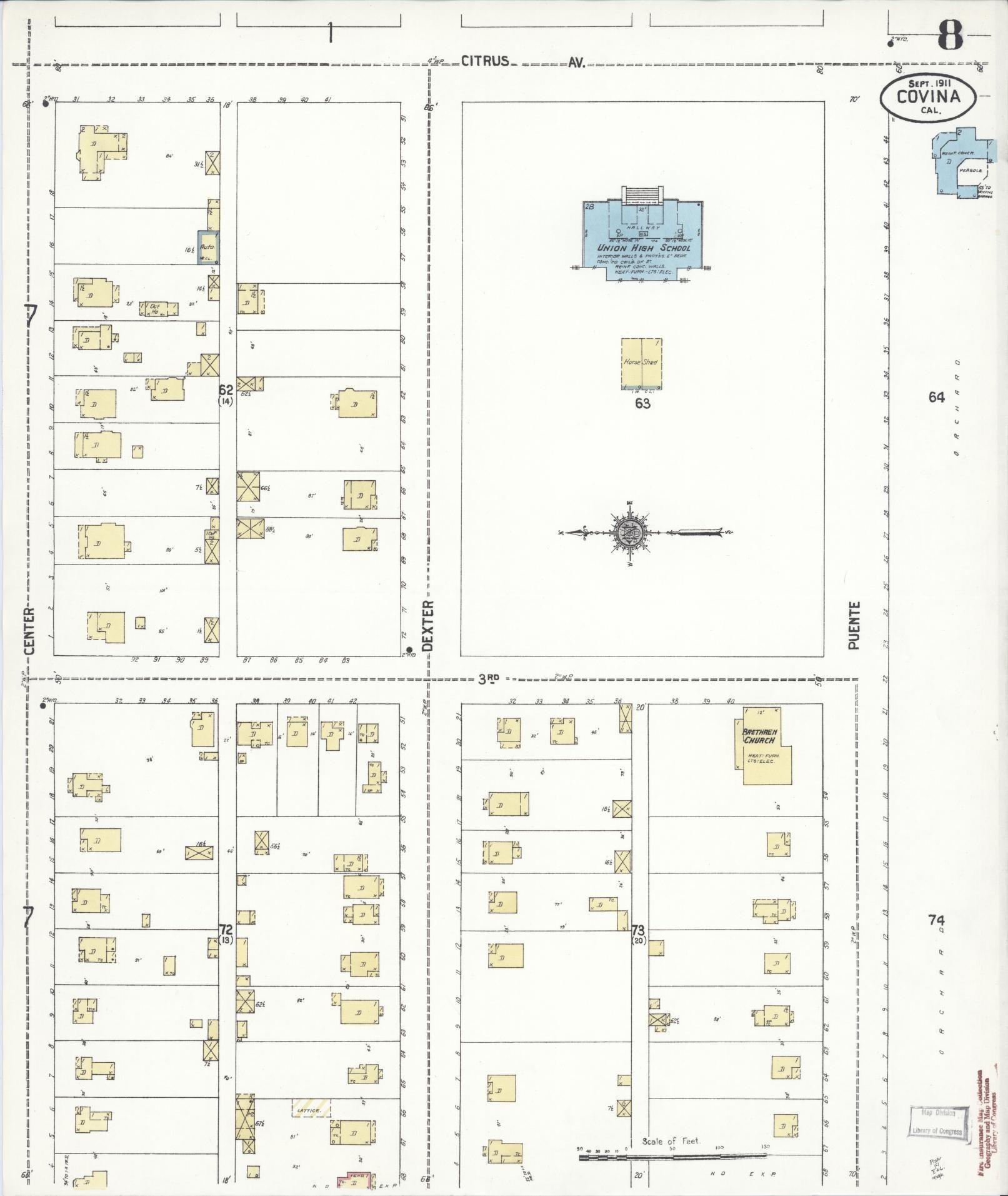 Sanborn Fire Insurance Map from Covina, Los Angeles County, California (1911), Sheet #0008 - Complete Map Set gallery image, historic Sanborn map, vintage wall art, California California