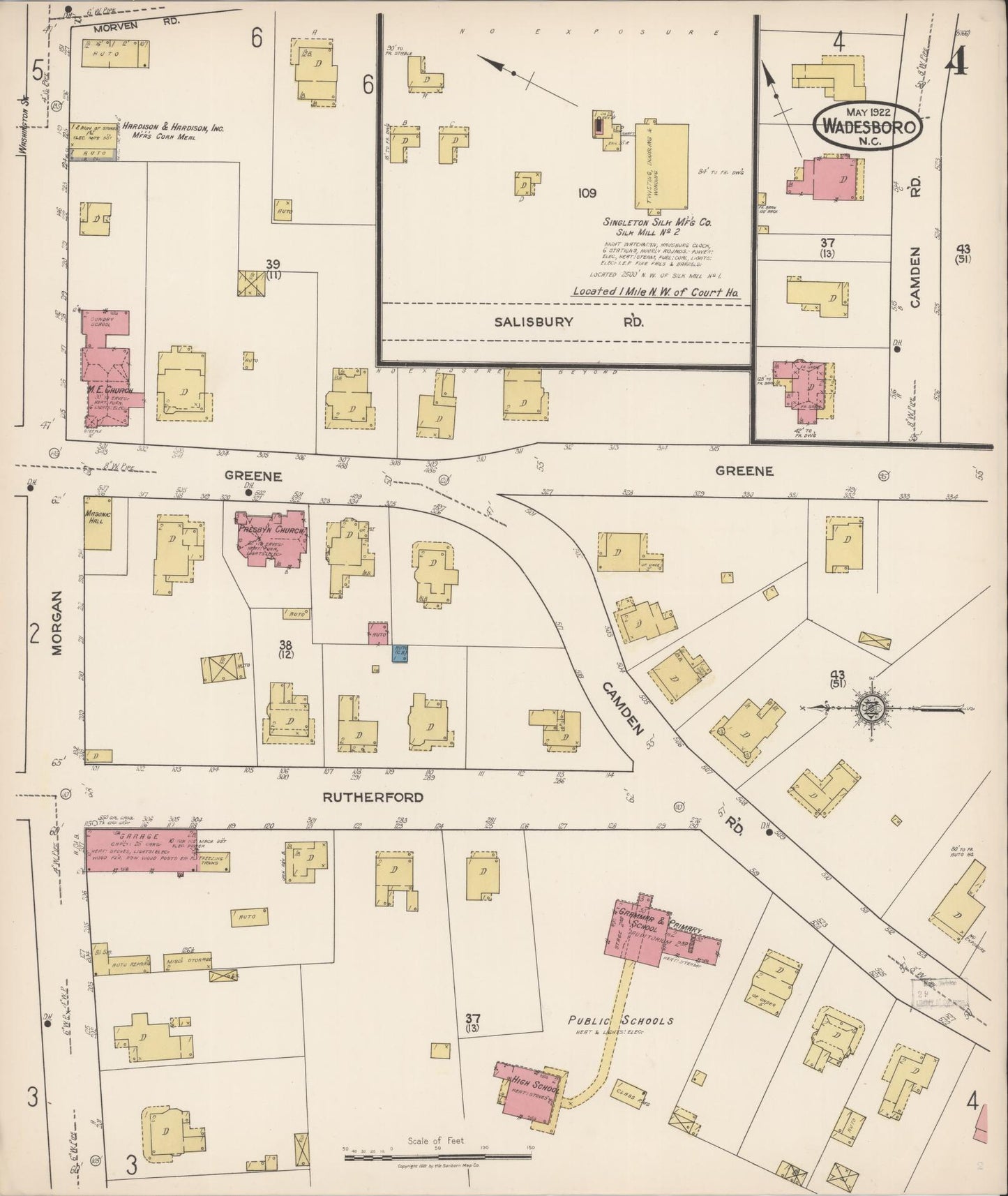 Sanborn Fire Insurance Map from Wadesboro, Anson County, North Carolina (1922), Sheet #0004 - Historic Sanborn Fire Insurance Map Print, vintage old map wall art, antique decor, genealogy gift, North Carolina North Carolina map