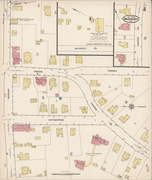 Sanborn Fire Insurance Map from Wadesboro, Anson County, North Carolina (1922), Sheet #0004 - Historic Sanborn Fire Insurance Map Print, vintage old map wall art, antique decor, genealogy gift, North Carolina North Carolina map