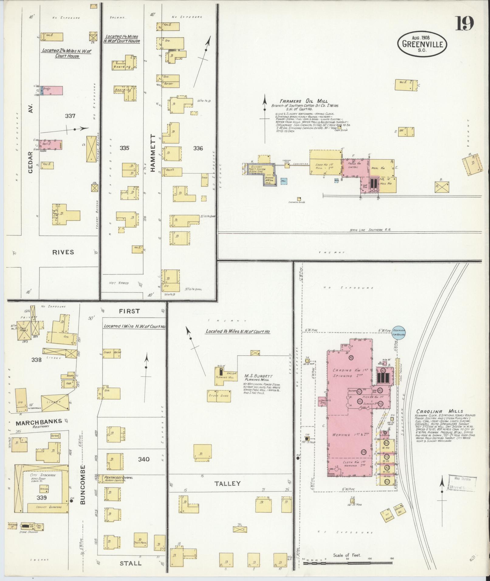 Sanborn Fire Insurance Map from Greenville, Greenville County, South Carolina (1908), Sheet #0019 - Complete Map Set gallery image, historic Sanborn map, vintage wall art, South Carolina South Carolina