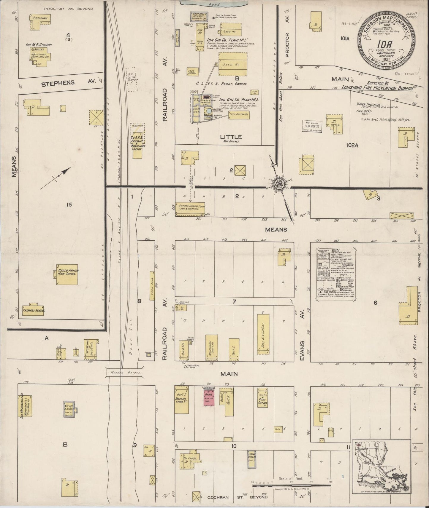 Sanborn Fire Insurance Map from Ida, Caddo Parish, Louisiana (1921), Sheet #0001 - Historic Sanborn Fire Insurance Map Print, vintage old map wall art, antique decor, genealogy gift, Louisiana Louisiana map