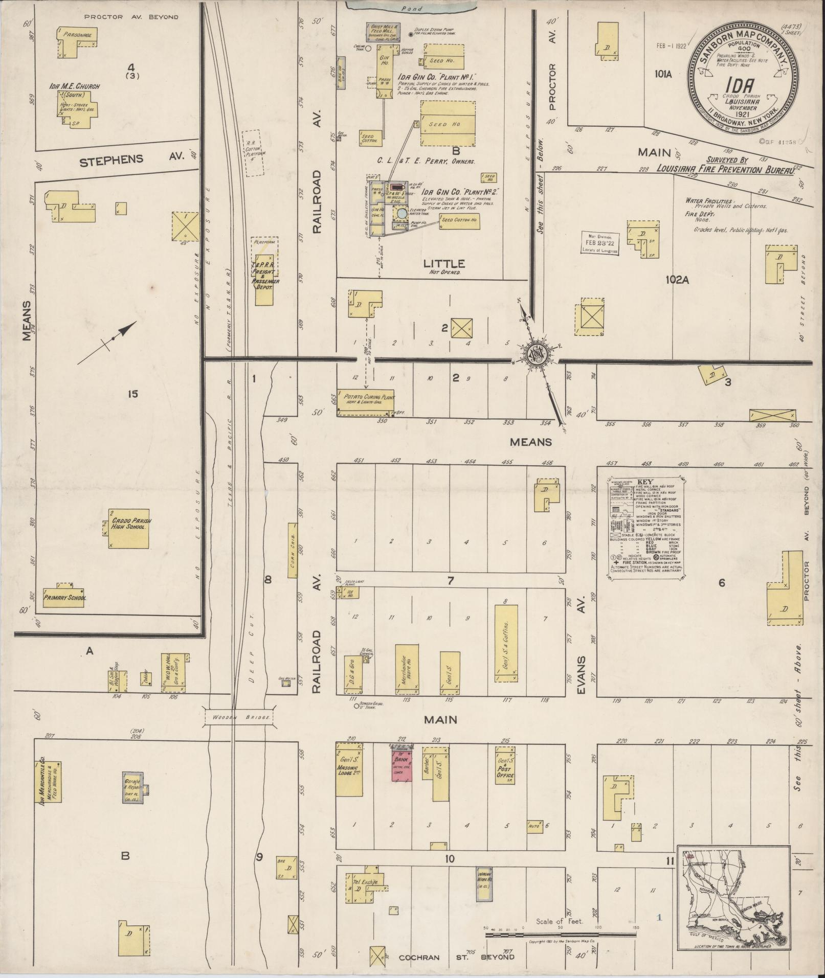 Sanborn Fire Insurance Map from Ida, Caddo Parish, Louisiana (1921), Sheet #0001 - Historic Sanborn Fire Insurance Map Print, vintage old map wall art, antique decor, genealogy gift, Louisiana Louisiana map