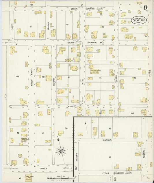 Sanborn Fire Insurance Map from Cleveland, Bradley County, Tennessee (1907), Sheet #0009 - Historic Sanborn Fire Insurance Map Print, vintage old map wall art, antique decor, genealogy gift, Tennessee Tennessee map