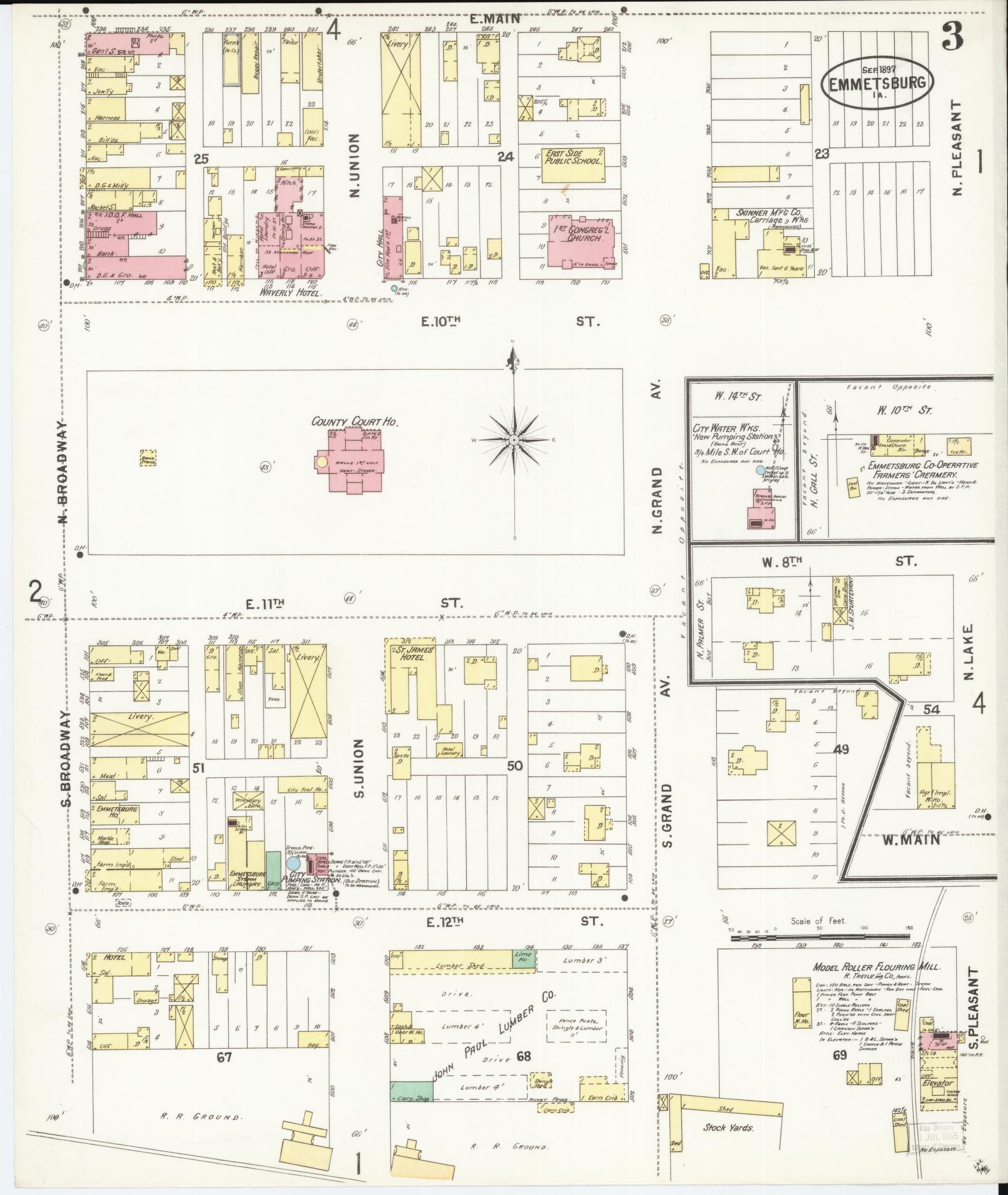 Sanborn Fire Insurance Map from Emmetsburg, Palo Alto County, Iowa (1897), Sheet #0003 - Historic Sanborn Fire Insurance Map Print, vintage old map wall art