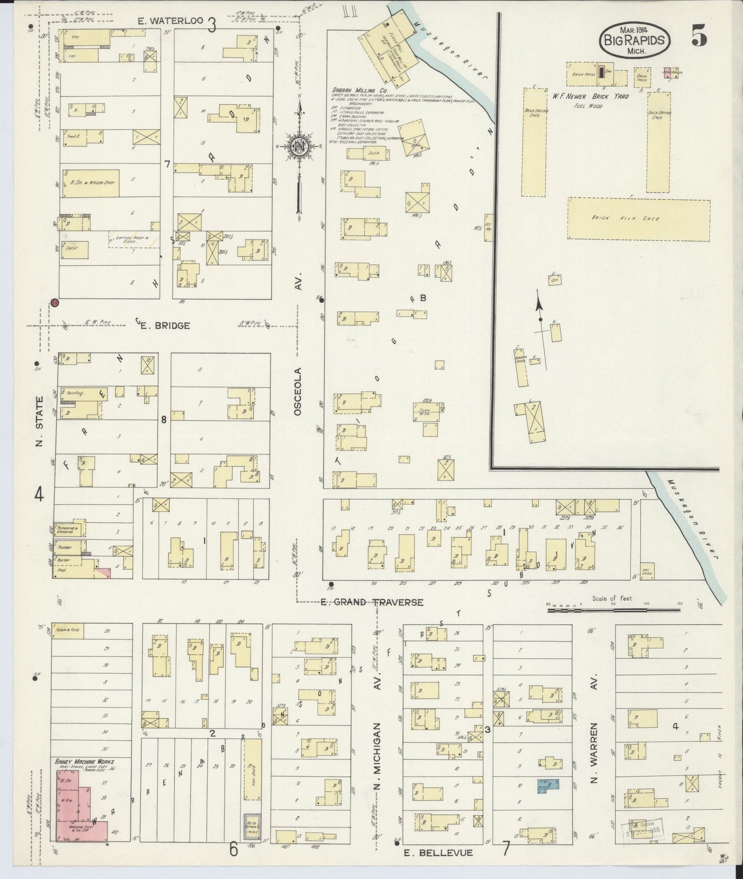 Sanborn Fire Insurance Map from Big Rapids, Mecosta County, Michigan (1914), Sheet #0005 - Historic Sanborn Fire Insurance Map Print, vintage old map wall art, antique decor, genealogy gift, Michigan Michigan map