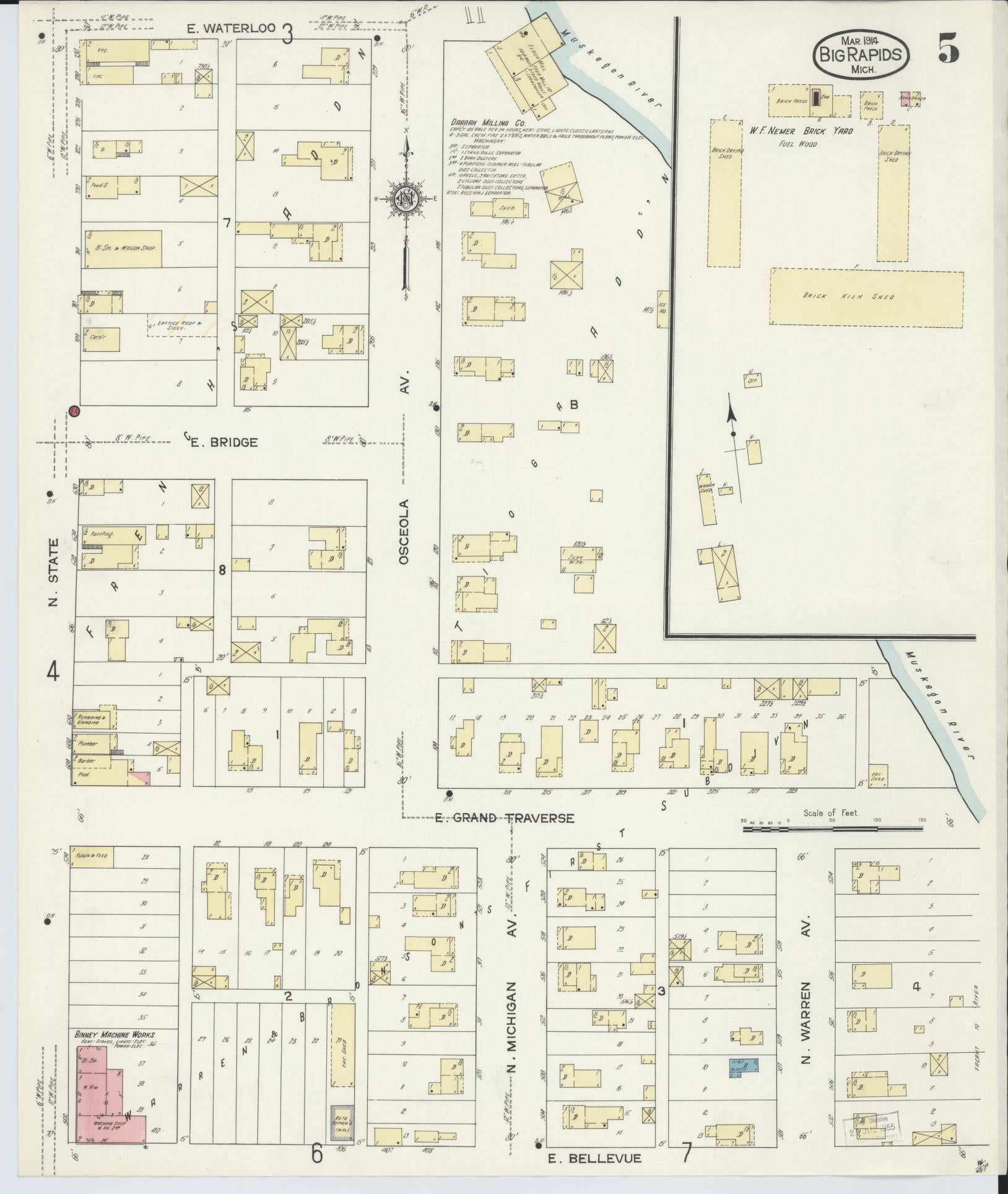 Sanborn Fire Insurance Map from Big Rapids, Mecosta County, Michigan (1914), Sheet #0005 - Historic Sanborn Fire Insurance Map Print, vintage old map wall art, antique decor, genealogy gift, Michigan Michigan map