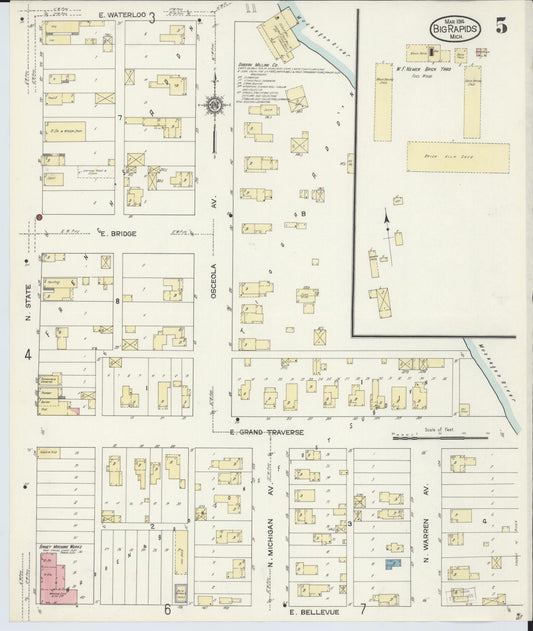 Sanborn Fire Insurance Map from Big Rapids, Mecosta County, Michigan (1914), Sheet #0005 - Historic Sanborn Fire Insurance Map Print, vintage old map wall art, antique decor, genealogy gift, Michigan Michigan map
