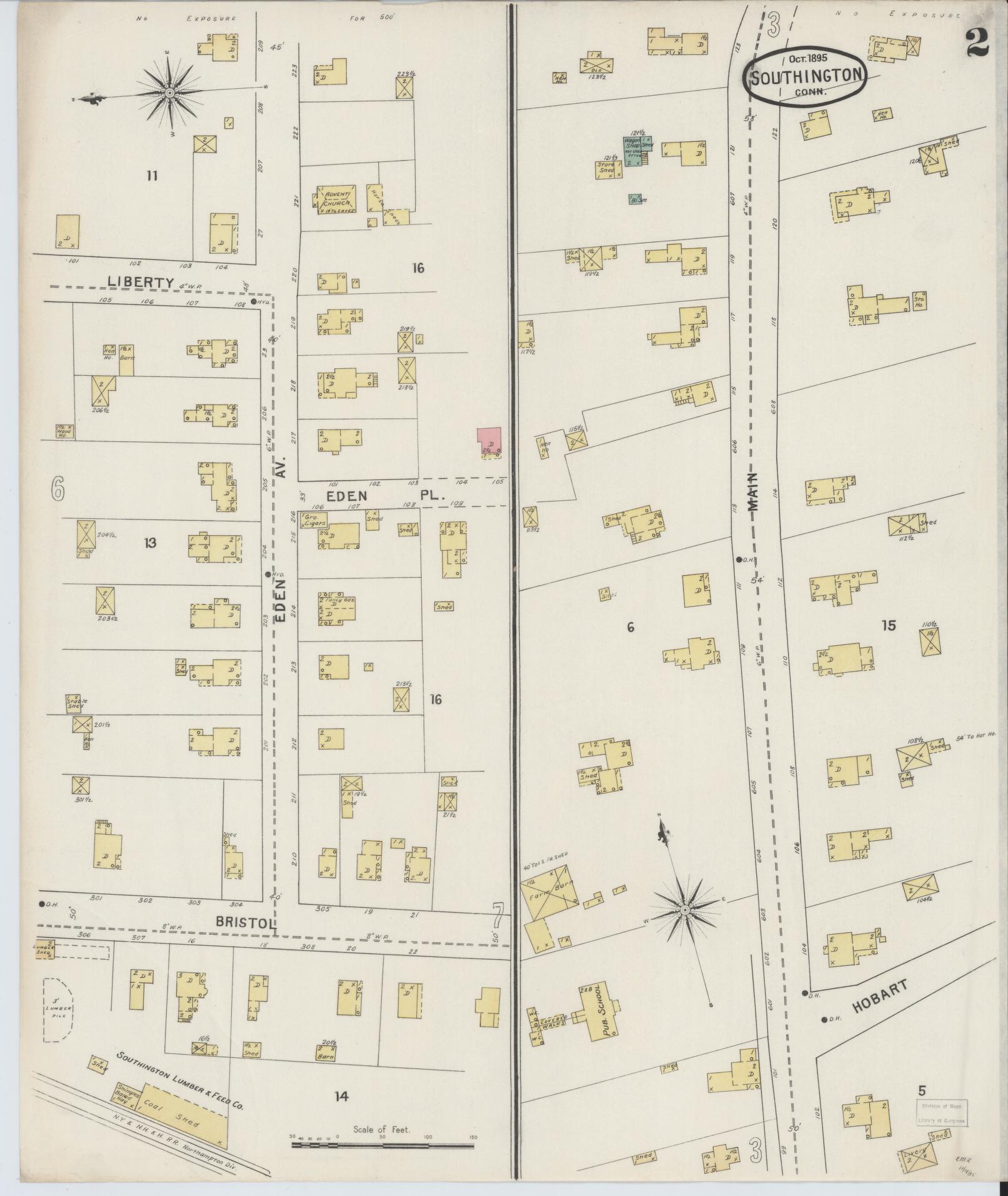 Sanborn Fire Insurance Map from Southington, Hartford County, Connecticut (1895), Sheet #0002 - Historic Sanborn Fire Insurance Map Print, vintage old map wall art, antique decor, genealogy gift, Connecticut Connecticut map