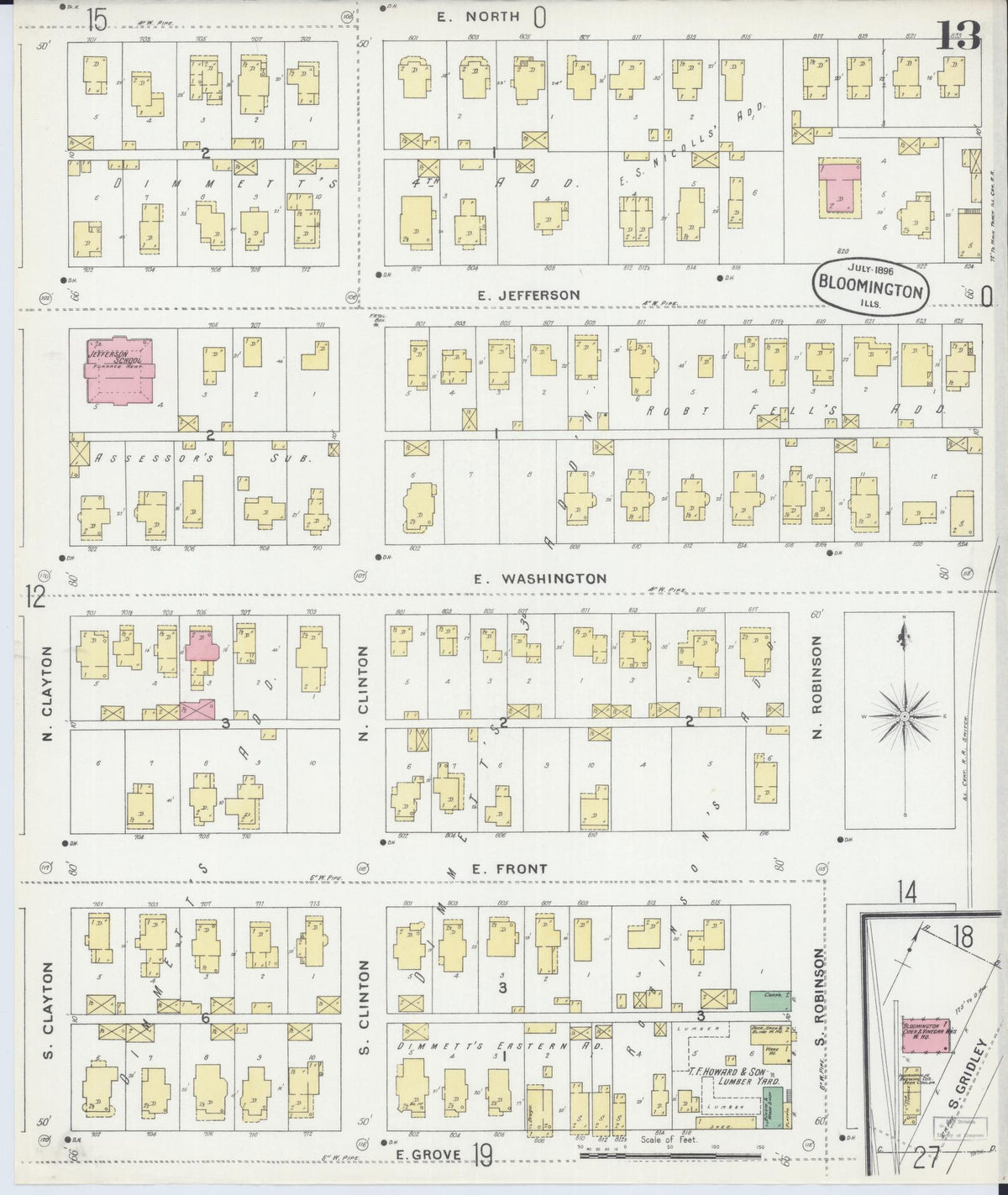 Sanborn Fire Insurance Map from Bloomington, McLean County, Illinois (1896), Sheet #0013 - Historic Sanborn Fire Insurance Map Print, vintage old map wall art, antique decor, genealogy gift, Illinois Illinois map
