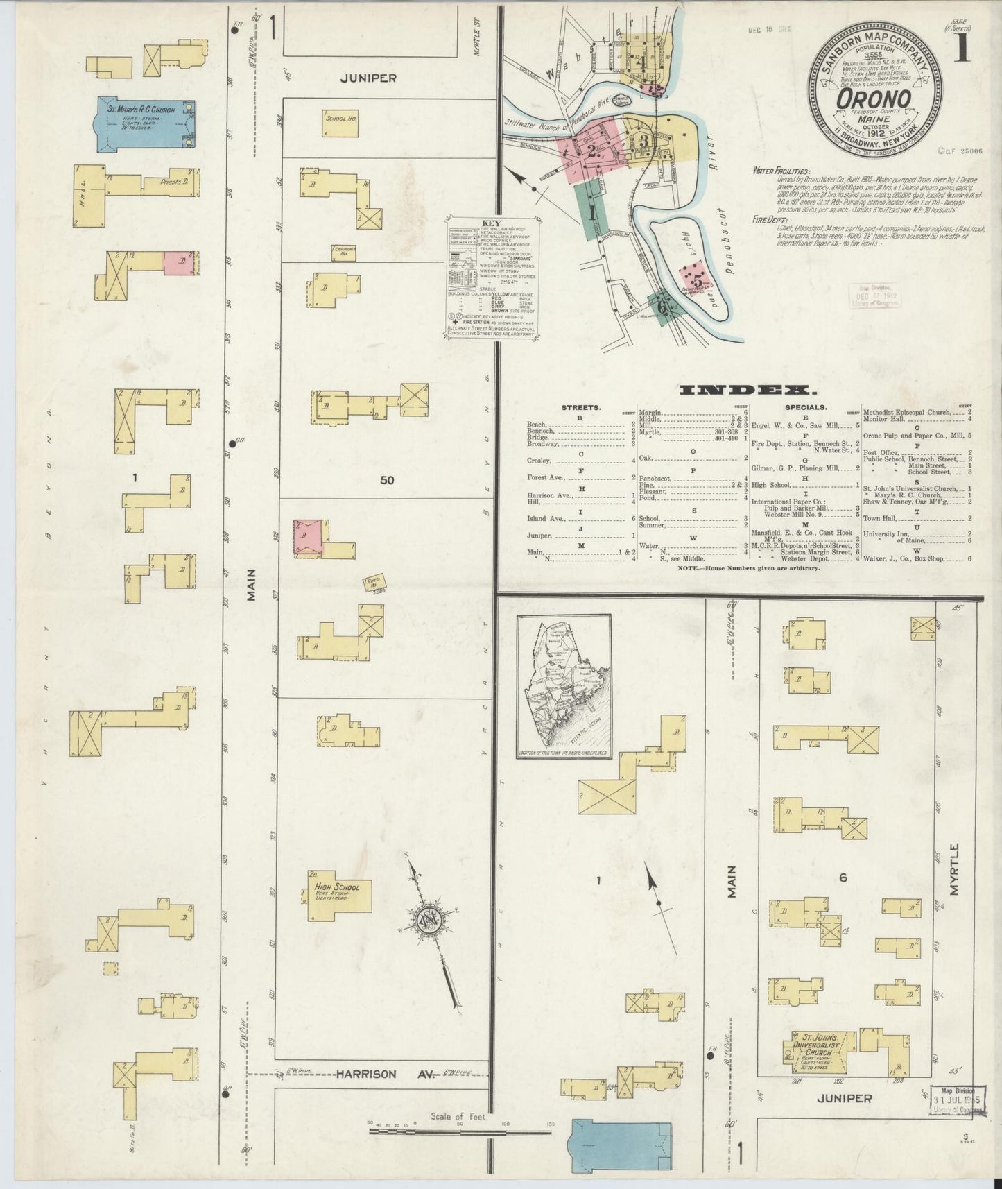 Sanborn Fire Insurance Map from Orono, Penobscot County, Maine (1912), Sheet #0001 - Complete Map Set gallery image, historic Sanborn map, vintage wall art, Maine Maine