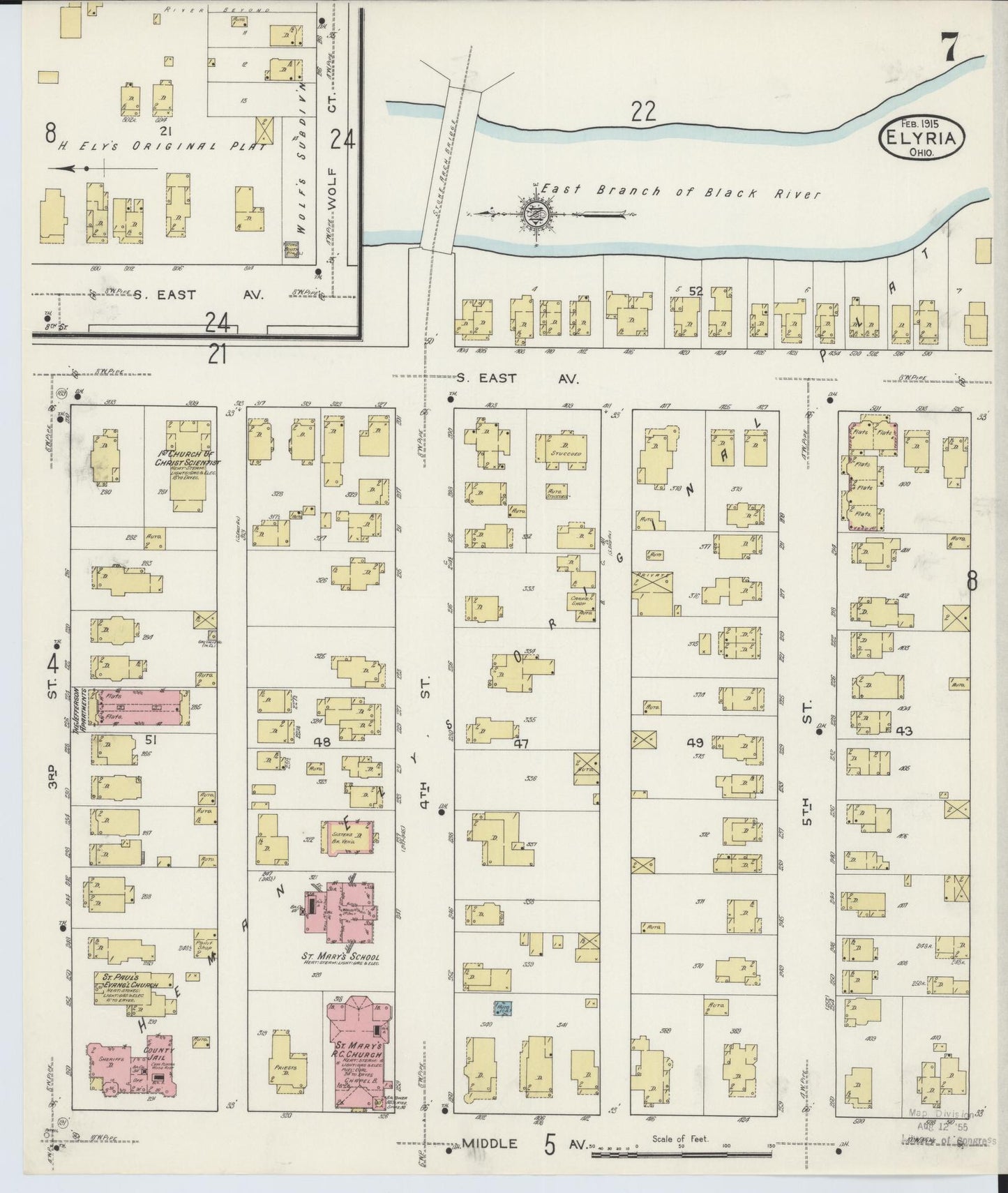 Sanborn Fire Insurance Map from Elyria, Lorain County, Ohio (1915), Sheet #0007 - Historic Sanborn Fire Insurance Map Print, vintage old map wall art, antique decor, genealogy gift, Ohio Ohio map