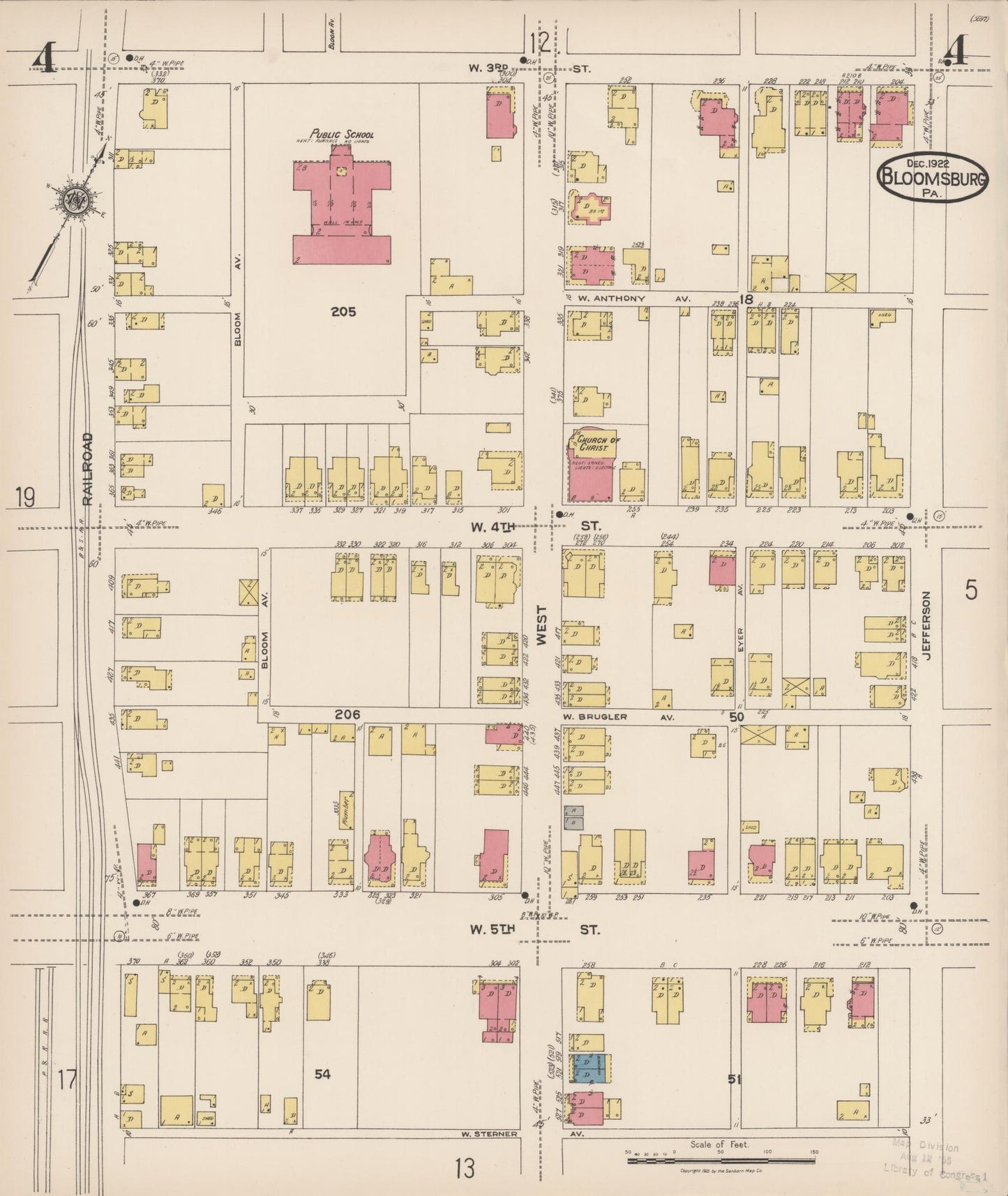 Sanborn Fire Insurance Map from Bloomsburg, Columbia County, Pennsylvania (1922), Sheet #0004 - Historic Sanborn Fire Insurance Map Print, vintage old map wall art, antique decor, genealogy gift, Pennsylvania Pennsylvania map
