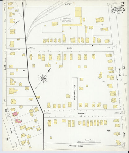 Sanborn Fire Insurance Map from Ashtabula, Ashtabula County, Ohio (1909), Sheet #0002 - Historic Sanborn Fire Insurance Map Print, vintage old map wall art, antique decor, genealogy gift, Ohio Ohio map