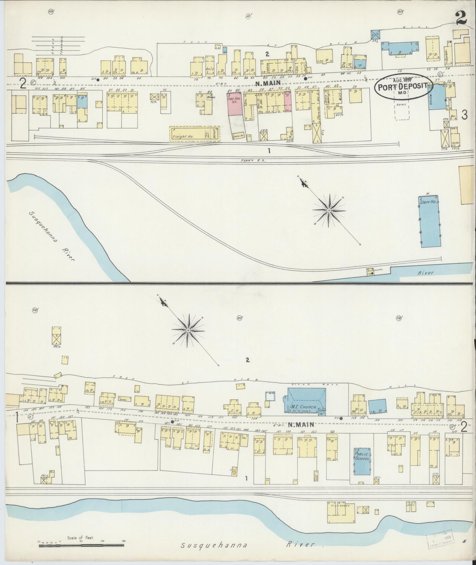 Sanborn Fire Insurance Map from Port Deposit, Cecil County, Maryland (1897), Sheet #0002 - Historic Sanborn Fire Insurance Map Print, vintage old map wall art