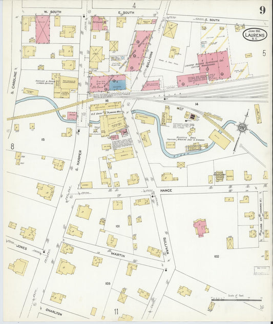 Sanborn Fire Insurance Map from Laurens, Laurens County, South Carolina (1912), Sheet #0009 - Historic Sanborn Fire Insurance Map Print, vintage old map wall art, antique decor, genealogy gift, South Carolina South Carolina map