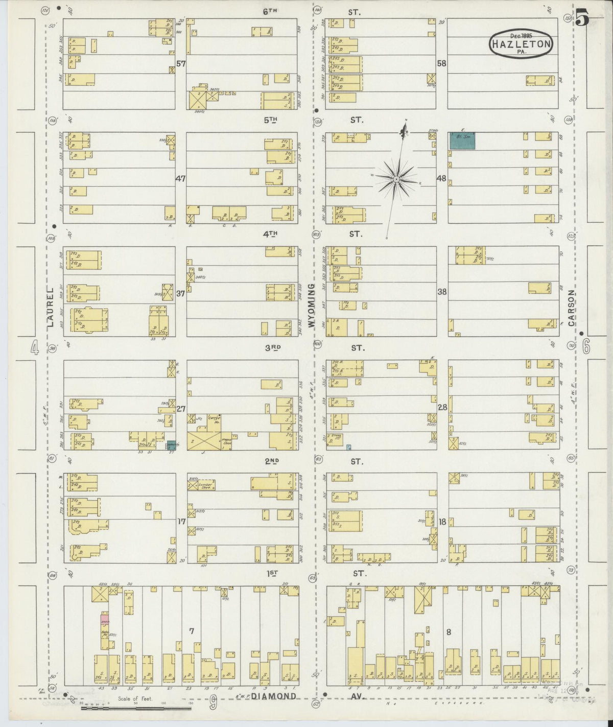 Sanborn Fire Insurance Map from Hazleton, Luzerne County, Pennsylvania (1895), Sheet #0005 - Historic Sanborn Fire Insurance Map Print, vintage old map wall art, antique decor, genealogy gift, Pennsylvania Pennsylvania map