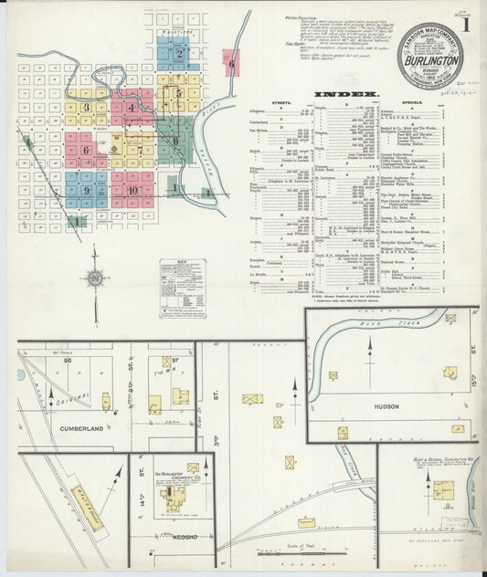 Sanborn Fire Insurance Map from Burlington, Coffey County, Kansas (1912), Sheet #0001 - Historic Sanborn Fire Insurance Map Print, vintage old map wall art, antique decor, genealogy gift, Kansas Kansas map