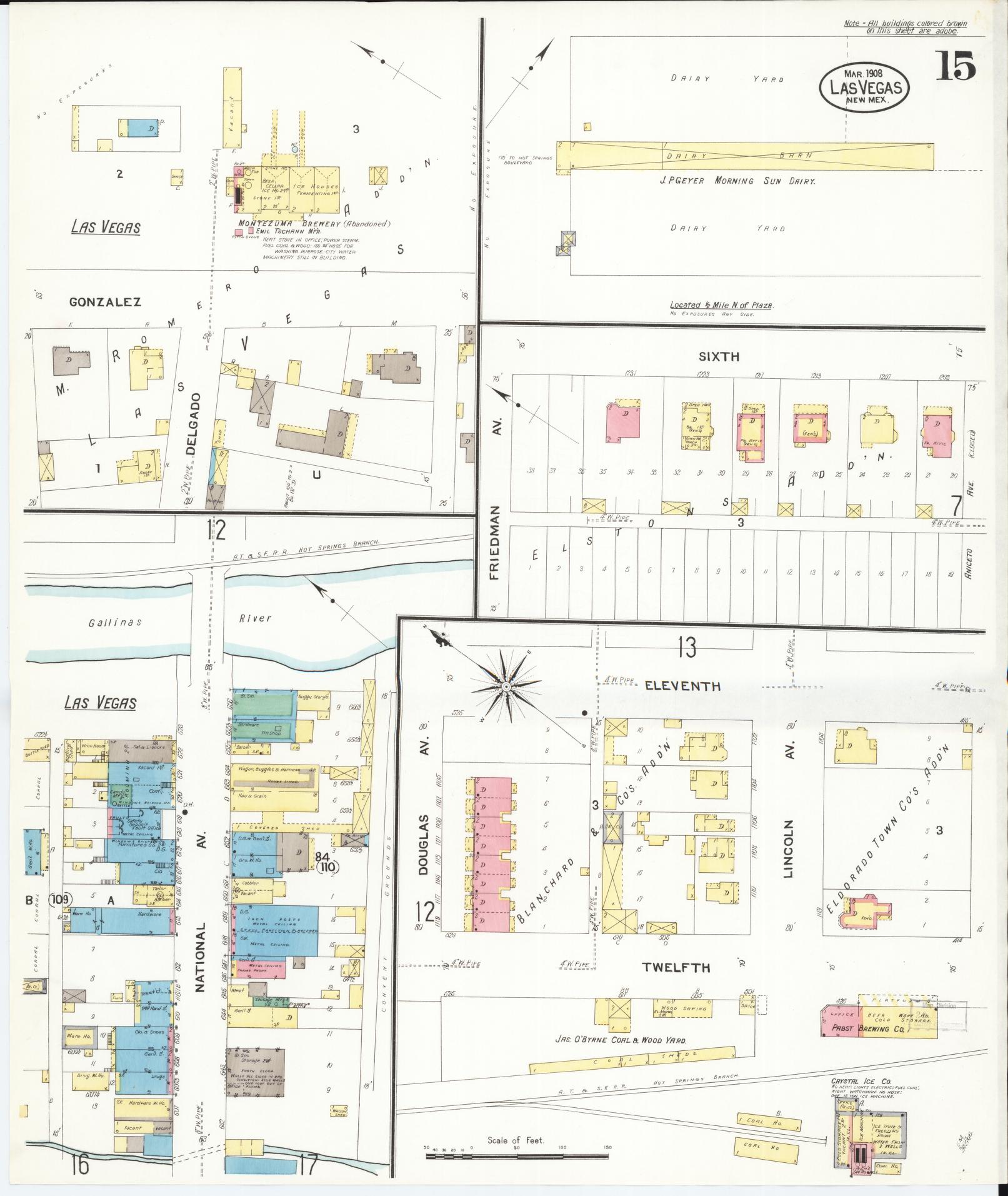 Sanborn Fire Insurance Map from Las Vegas, San Miguel County, New Mexico (1908), Sheet #0015 - Complete Map Set gallery image, historic Sanborn map, vintage wall art, New Mexico New Mexico