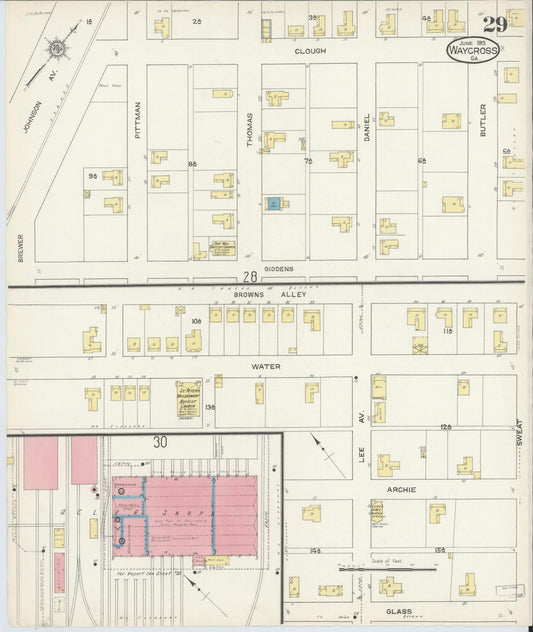 Sanborn Fire Insurance Map from Waycross, Ware County, Georgia (1913), Sheet #0029 - Historic Sanborn Fire Insurance Map Print, vintage old map wall art, antique decor, genealogy gift, Georgia Georgia map