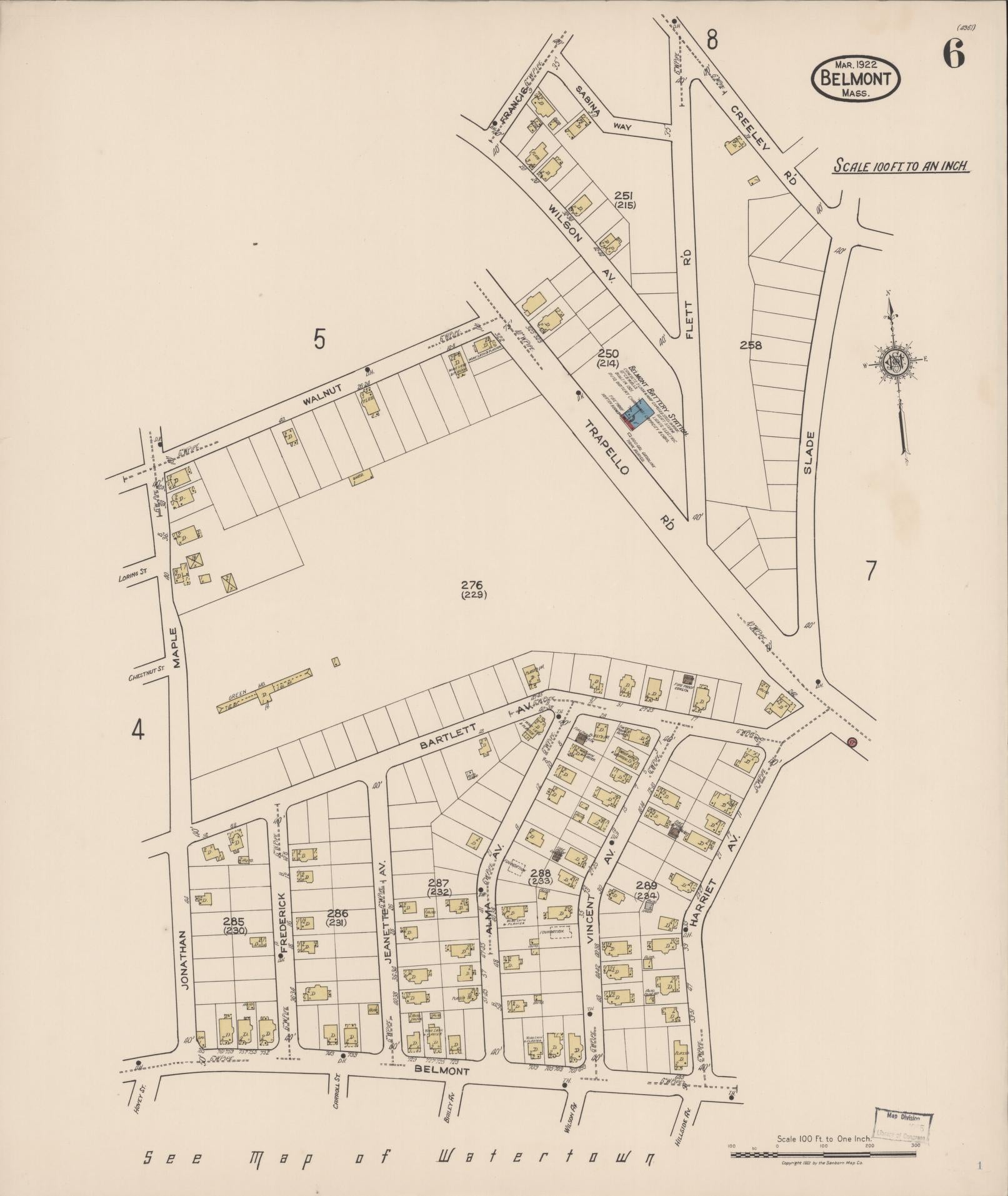 Sanborn Fire Insurance Map from Belmont, Middlesex County, Massachusetts (1922), Sheet #0006 - Historic Sanborn Fire Insurance Map Print, vintage old map wall art, antique decor, genealogy gift, Massachusetts Massachusetts map