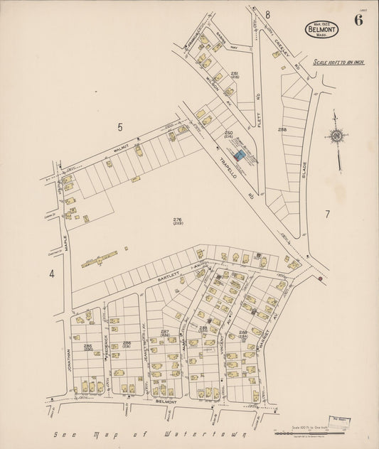 Sanborn Fire Insurance Map from Belmont, Middlesex County, Massachusetts (1922), Sheet #0006 - Historic Sanborn Fire Insurance Map Print, vintage old map wall art, antique decor, genealogy gift, Massachusetts Massachusetts map