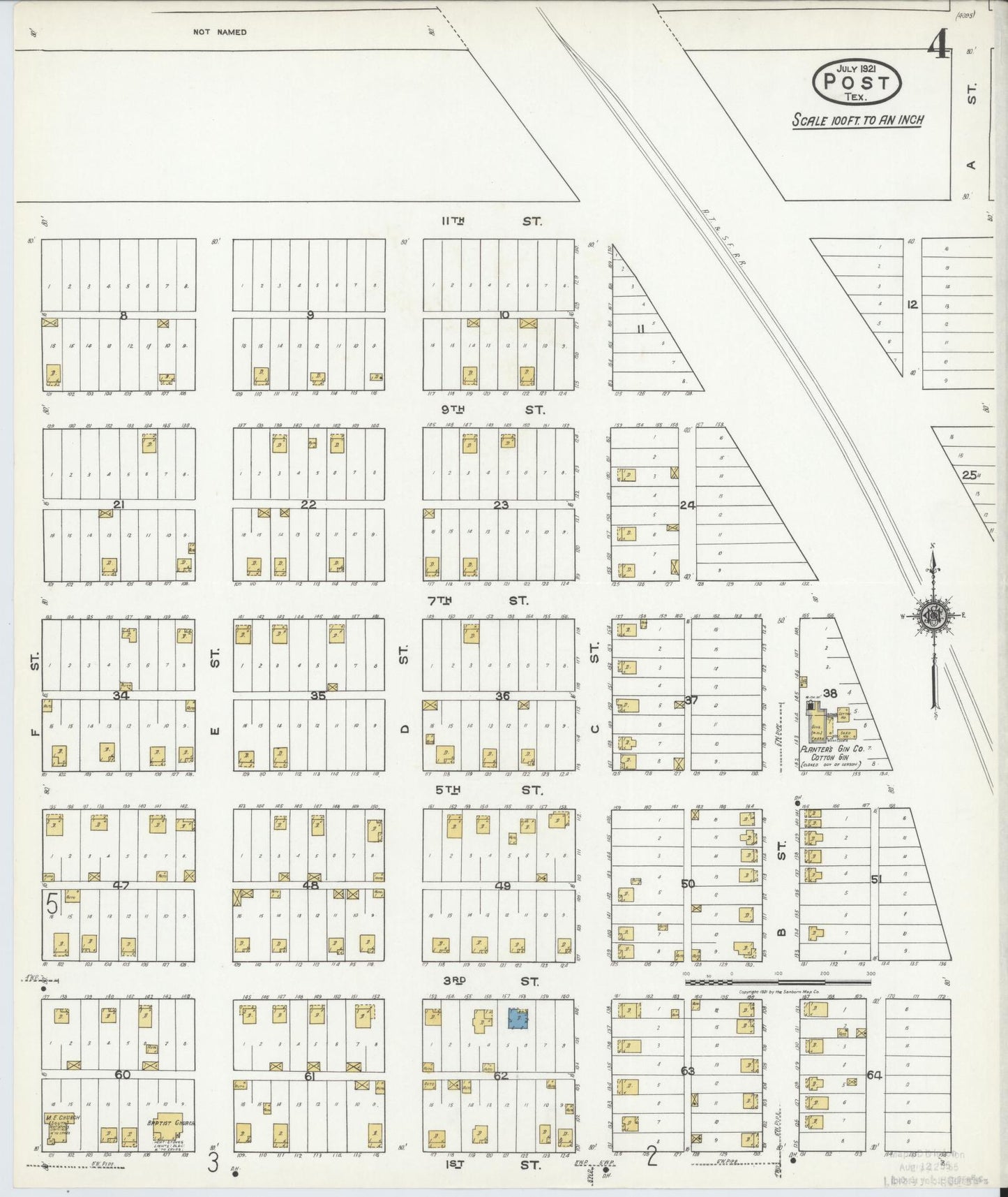 Sanborn Fire Insurance Map from Post, Garza County, Texas (1921), Sheet #0004 - Historic Sanborn Fire Insurance Map Print, vintage old map wall art, antique decor, genealogy gift, Texas Texas map