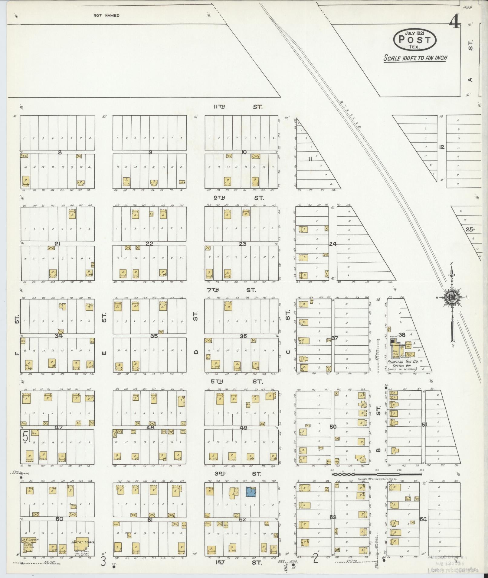 Sanborn Fire Insurance Map from Post, Garza County, Texas (1921), Sheet #0004 - Historic Sanborn Fire Insurance Map Print, vintage old map wall art, antique decor, genealogy gift, Texas Texas map