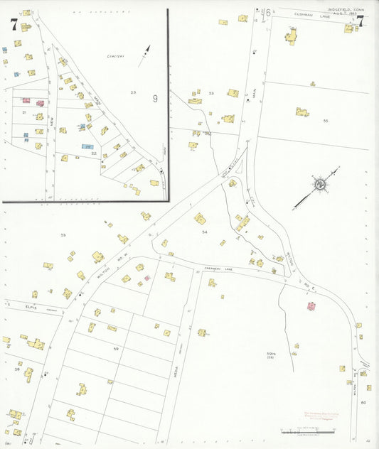 Sanborn Fire Insurance Map from Ridgefield, Fairfield County, Connecticut (1933), Sheet #0007 - Historic Sanborn Fire Insurance Map Print, vintage old map wall art, antique decor, genealogy gift, Connecticut Connecticut map