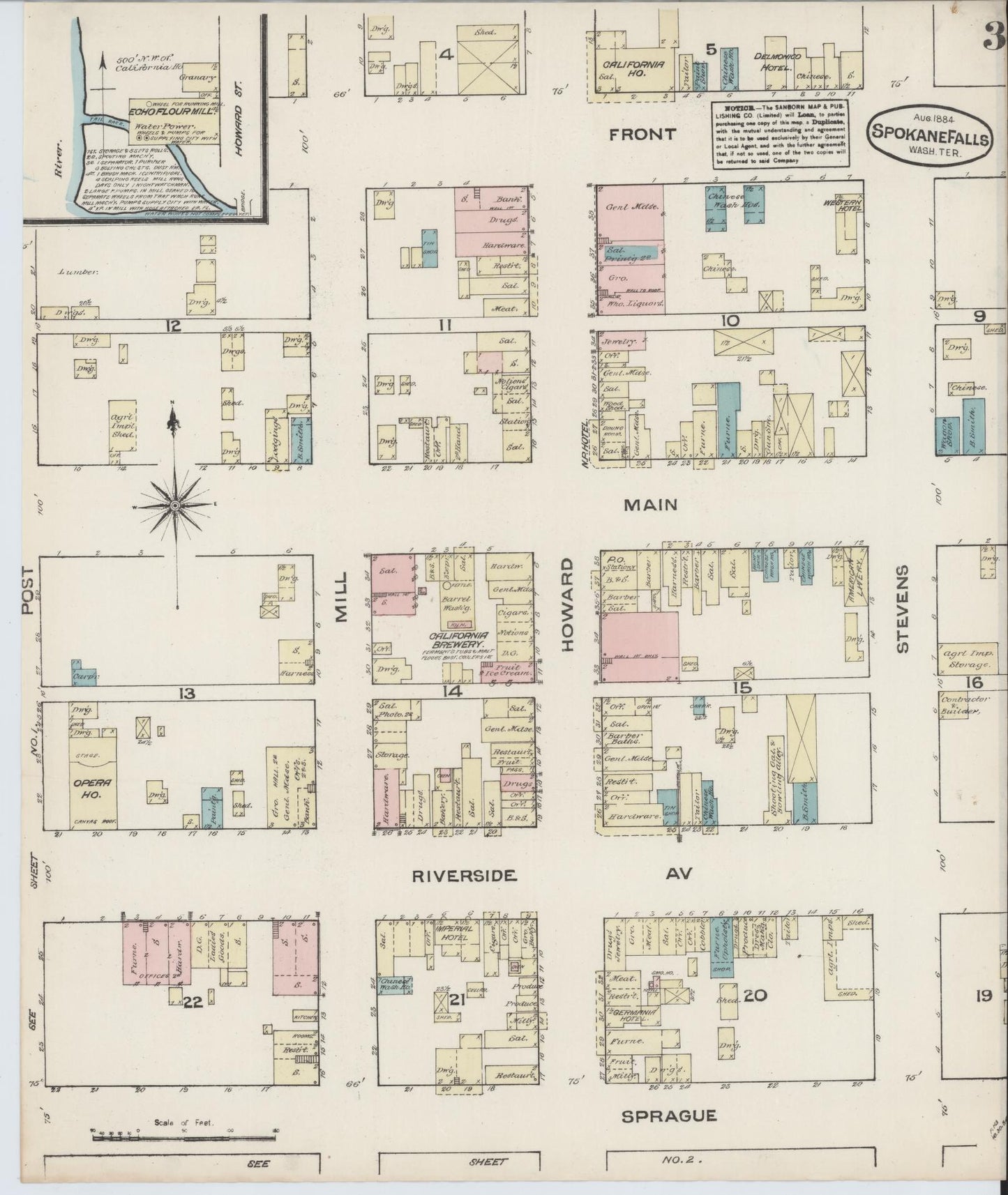 Sanborn Fire Insurance Map from Spokane, Spokane County, Washington (1884), Sheet #0003 - Complete Map Set gallery image, historic Sanborn map, vintage wall art, Washington Washington