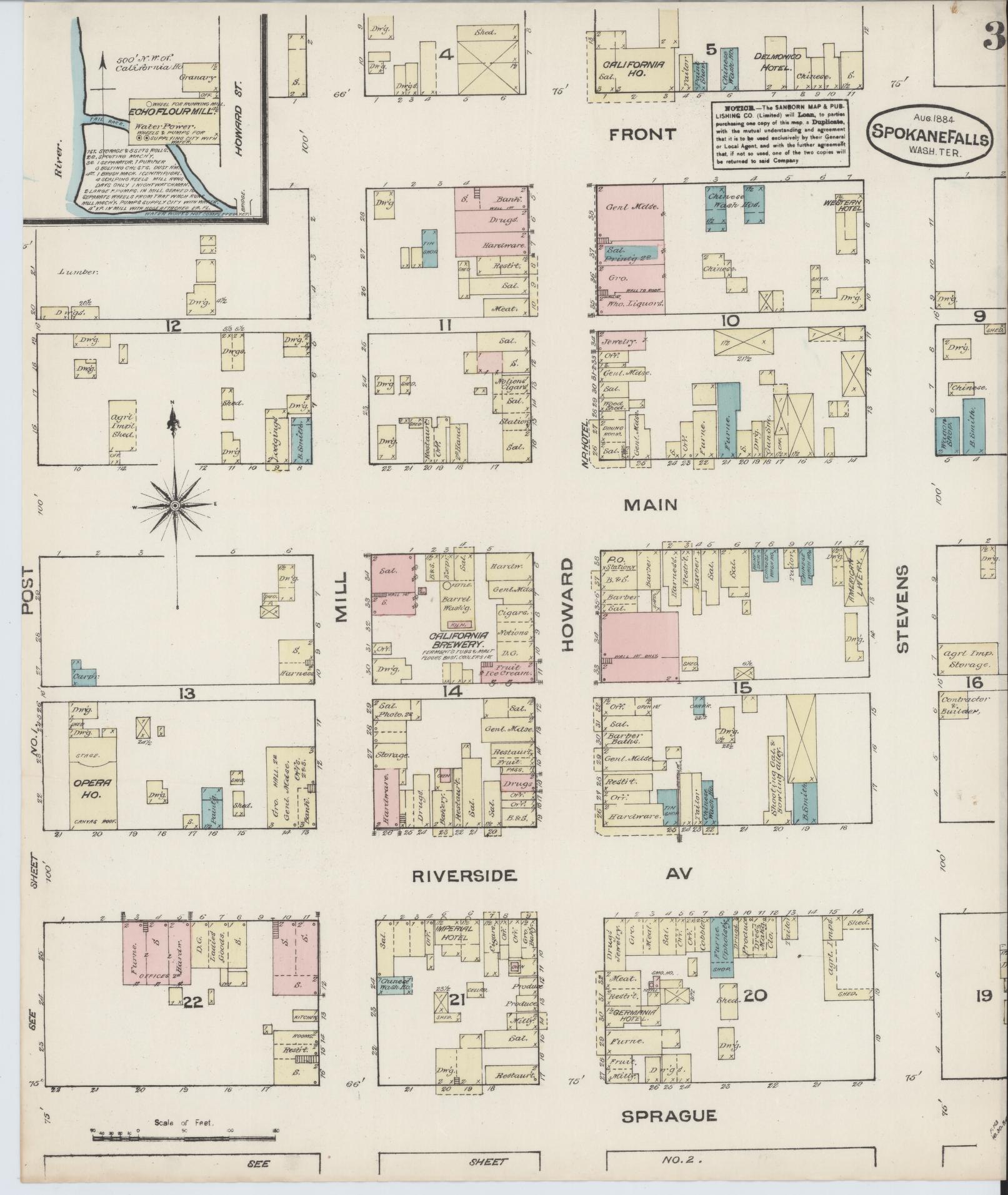 Sanborn Fire Insurance Map from Spokane, Spokane County, Washington (1884), Sheet #0003 - Complete Map Set gallery image, historic Sanborn map, vintage wall art, Washington Washington