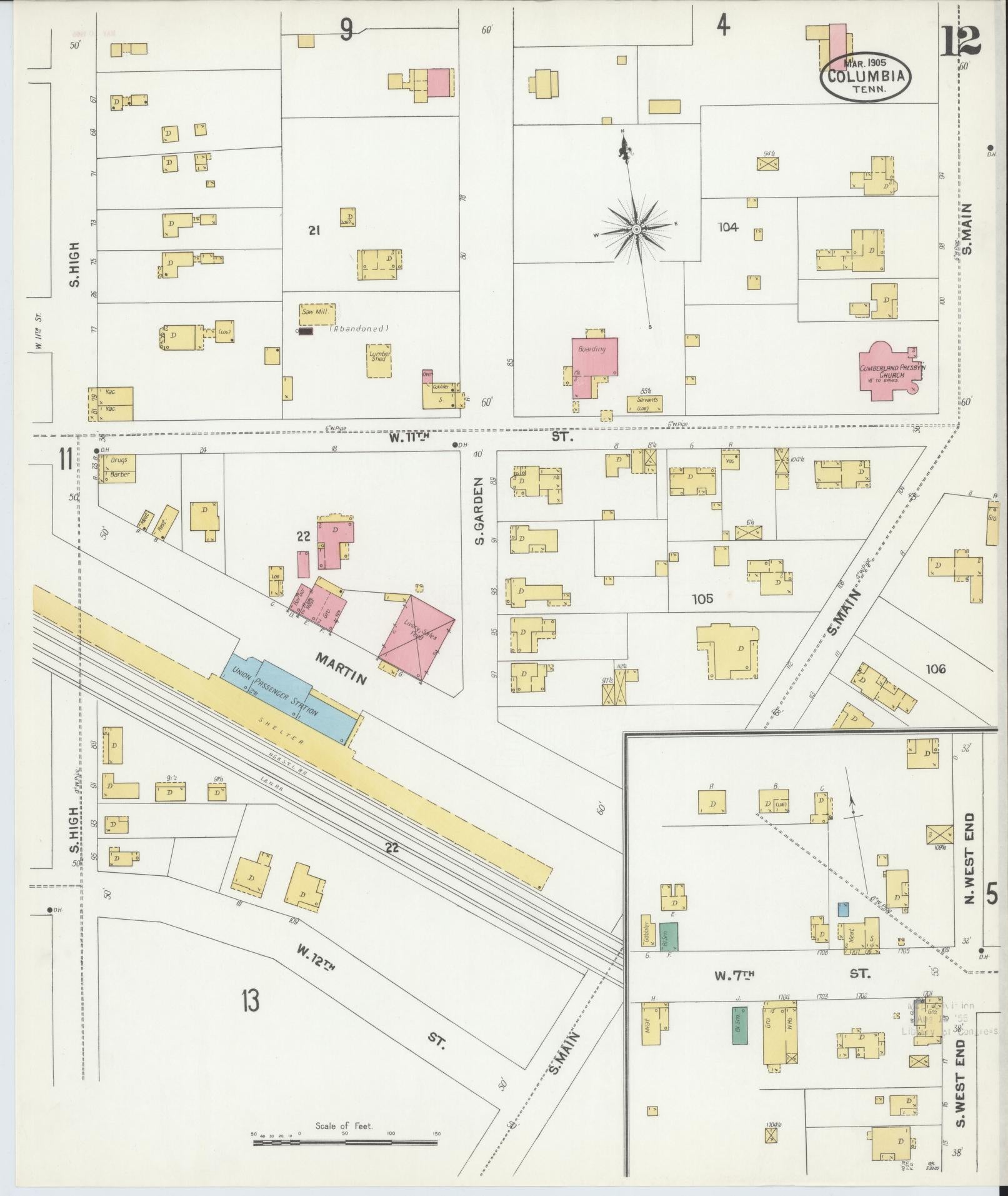 Sanborn Fire Insurance Map from Columbia, Maury County, Tennessee (1905), Sheet #0012 - Historic Sanborn Fire Insurance Map Print, vintage old map wall art, antique decor, genealogy gift, Tennessee Tennessee map