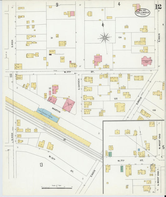 Sanborn Fire Insurance Map from Columbia, Maury County, Tennessee (1905), Sheet #0012 - Historic Sanborn Fire Insurance Map Print, vintage old map wall art, antique decor, genealogy gift, Tennessee Tennessee map