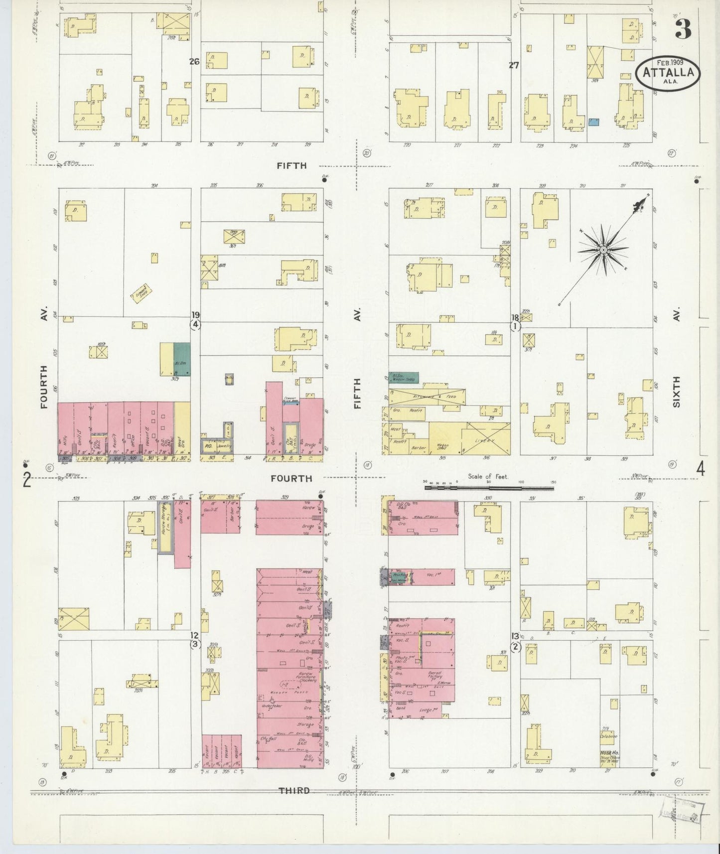Sanborn Fire Insurance Map from Attalla, Etowah County, Alabama (1909), Sheet #0003 - Complete Map Set gallery image, historic Sanborn map, vintage wall art, Alabama Alabama