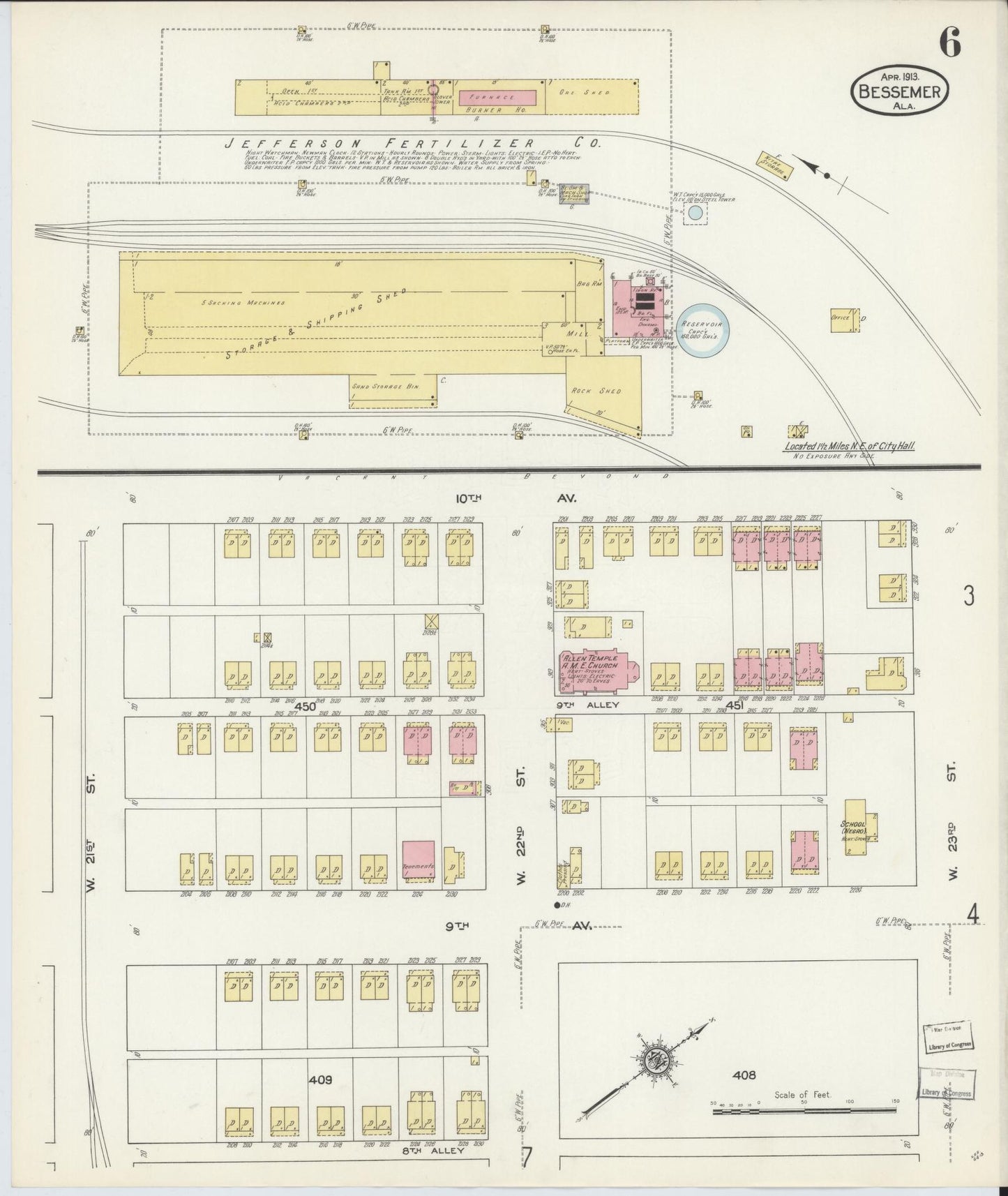 Sanborn Fire Insurance Map from Bessemer, Jefferson County, Alabama (1913), Sheet #0006 - Historic Sanborn Fire Insurance Map Print, vintage old map wall art, antique decor, genealogy gift, Alabama Alabama map
