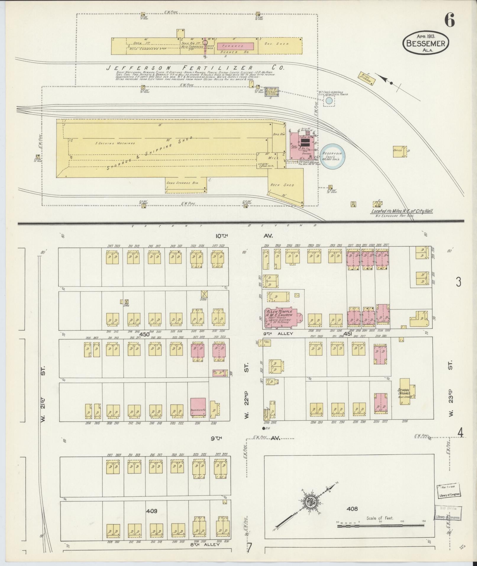 Sanborn Fire Insurance Map from Bessemer, Jefferson County, Alabama (1913), Sheet #0006 - Historic Sanborn Fire Insurance Map Print, vintage old map wall art, antique decor, genealogy gift, Alabama Alabama map