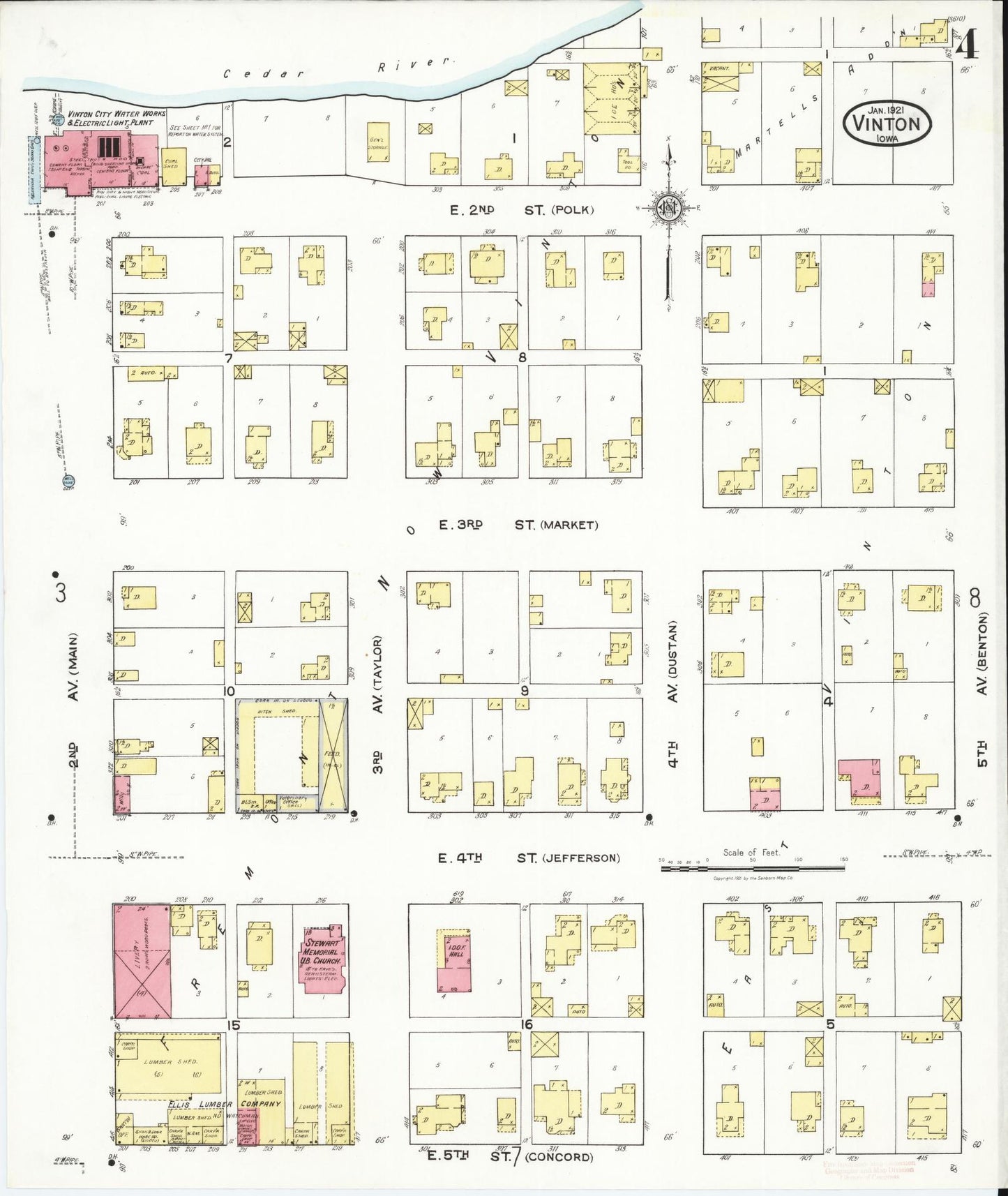 Sanborn Fire Insurance Map from Vinton, Benton County, Iowa (1921), Sheet #0004 - Historic Sanborn Fire Insurance Map Print, vintage old map wall art
