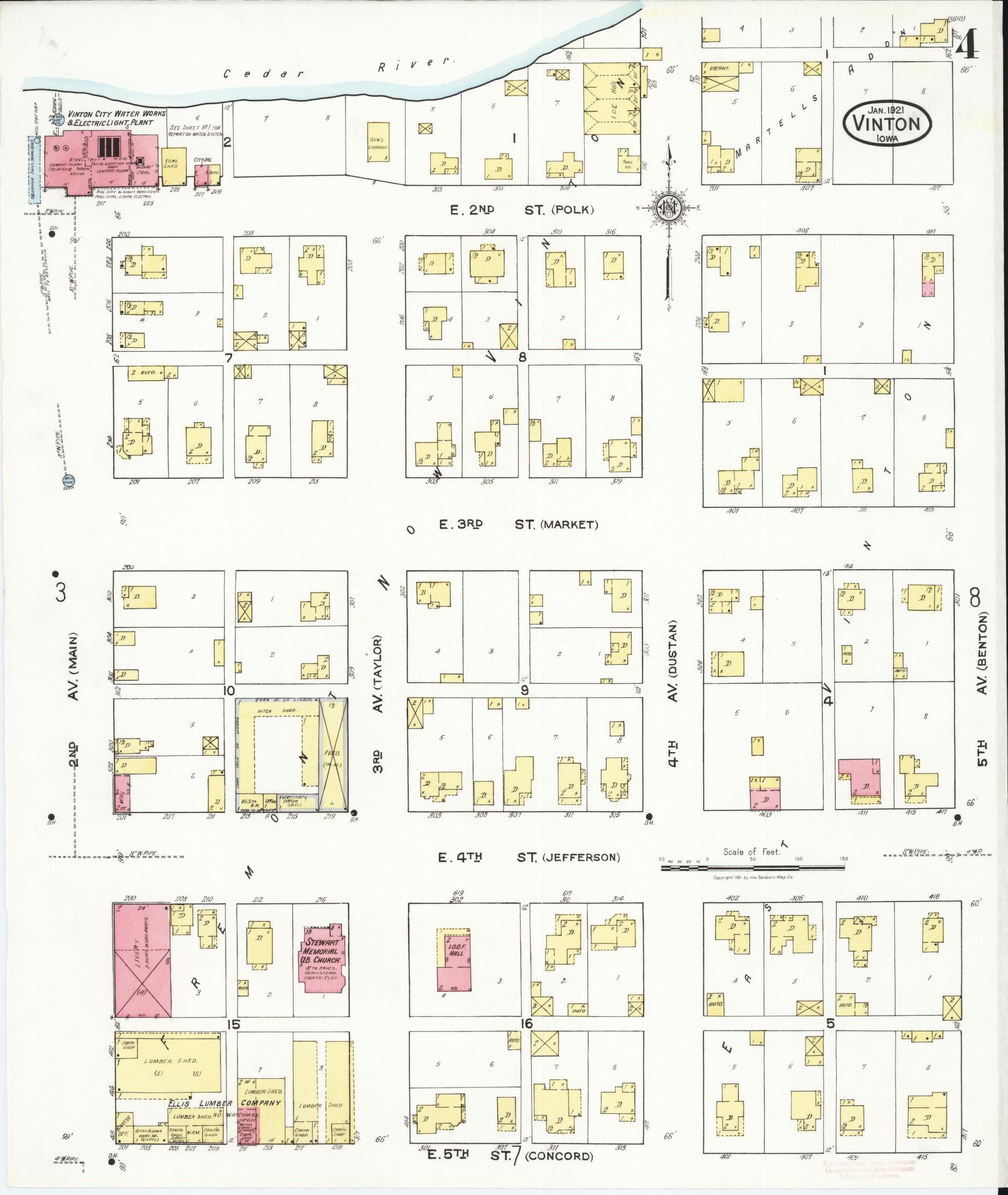 Sanborn Fire Insurance Map from Vinton, Benton County, Iowa (1921), Sheet #0004 - Historic Sanborn Fire Insurance Map Print, vintage old map wall art