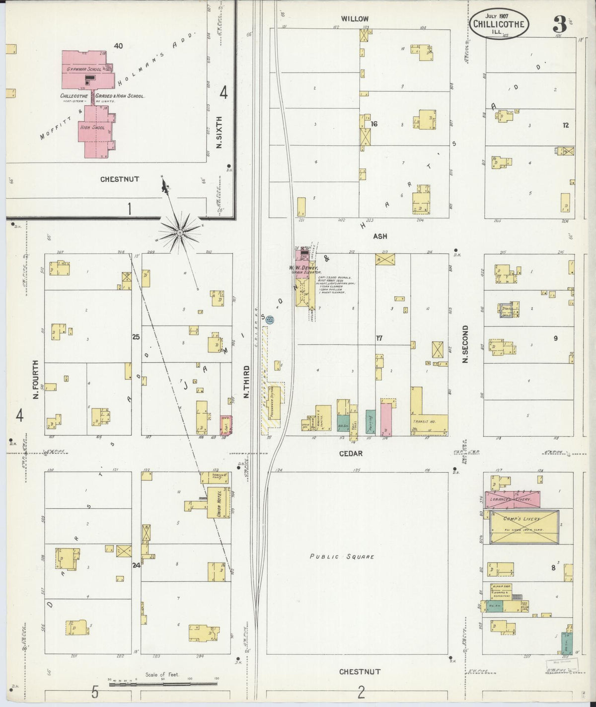 Sanborn Fire Insurance Map from Chillicothe, Peoria County, Illinois (1907), Sheet #0003 - Complete Map Set gallery image, historic Sanborn map, vintage wall art, Illinois Illinois