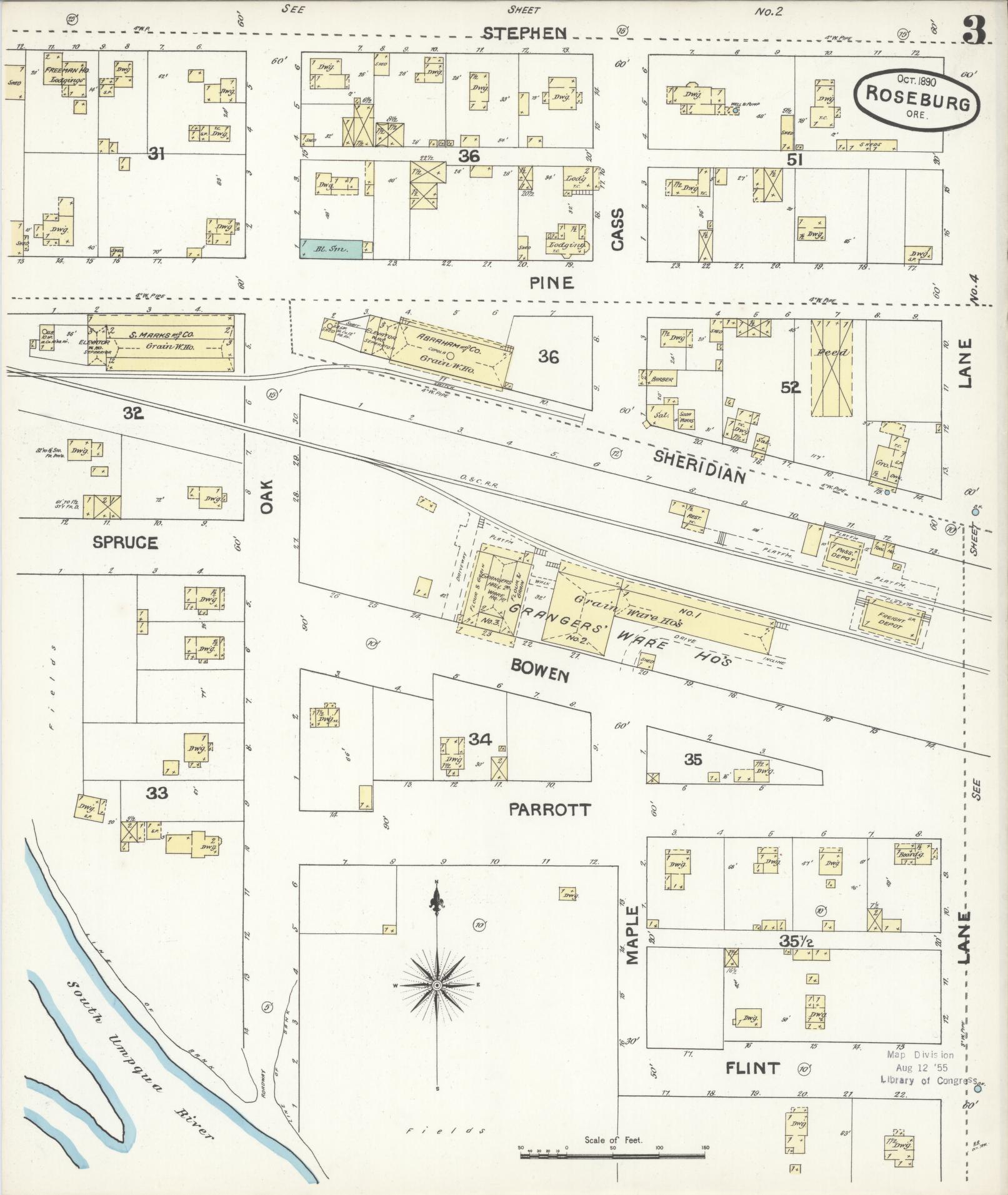 Sanborn Fire Insurance Map from Roseburg, Douglas County, Oregon (1890), Sheet #0003 - Historic Sanborn Fire Insurance Map Print, vintage old map wall art, antique decor, genealogy gift, Oregon Oregon map