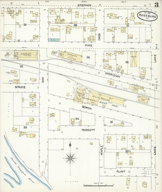 Sanborn Fire Insurance Map from Roseburg, Douglas County, Oregon (1890), Sheet #0003 - Historic Sanborn Fire Insurance Map Print, vintage old map wall art, antique decor, genealogy gift, Oregon Oregon map
