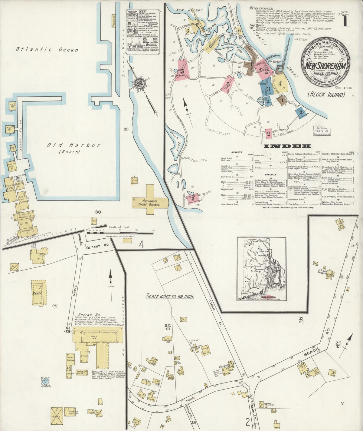 Sanborn Fire Insurance Map from New Shoreham, Newport County, Rhode Island (1921), Sheet #0001 - Complete Map Set gallery image, historic Sanborn map, vintage wall art, Rhode Island Rhode Island