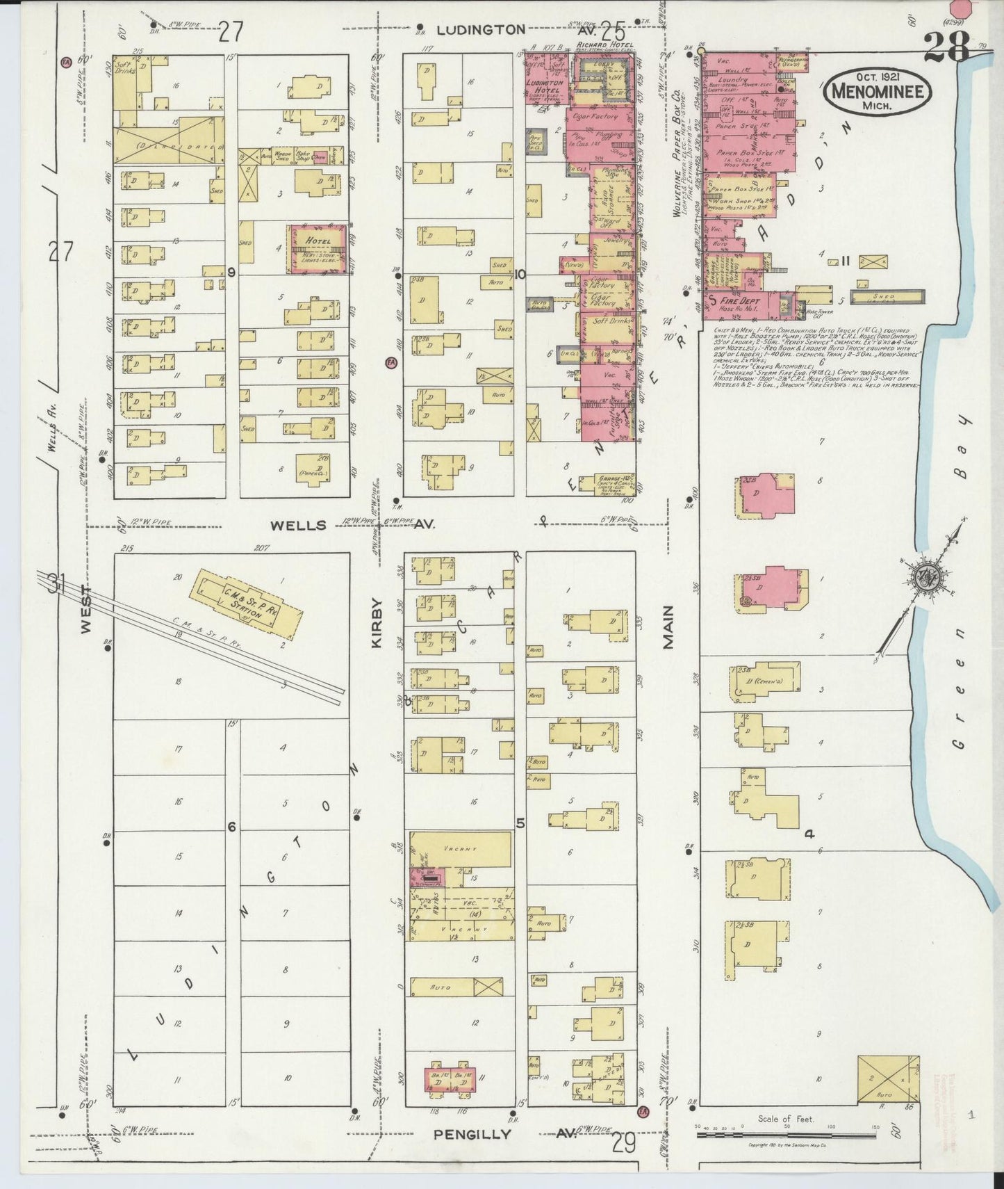 Sanborn Fire Insurance Map from Menominee, Menominee County, Michigan (1921), Sheet #0028 - Historic Sanborn Fire Insurance Map Print, vintage old map wall art, antique decor, genealogy gift, Michigan Michigan map