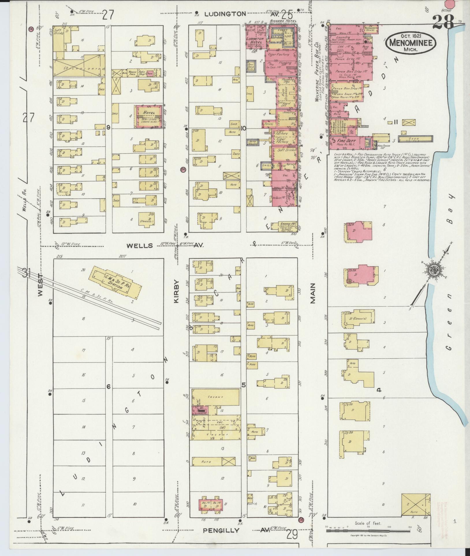 Sanborn Fire Insurance Map from Menominee, Menominee County, Michigan (1921), Sheet #0028 - Historic Sanborn Fire Insurance Map Print, vintage old map wall art, antique decor, genealogy gift, Michigan Michigan map
